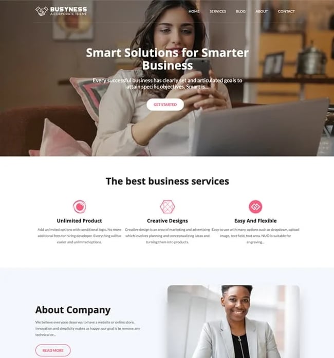 Busyness wordpress theme with a woman on the front page using her cell phone