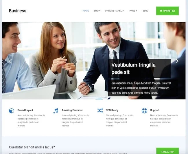 Business Theme for WordPress with two men and woman around a table discussing a website redesign