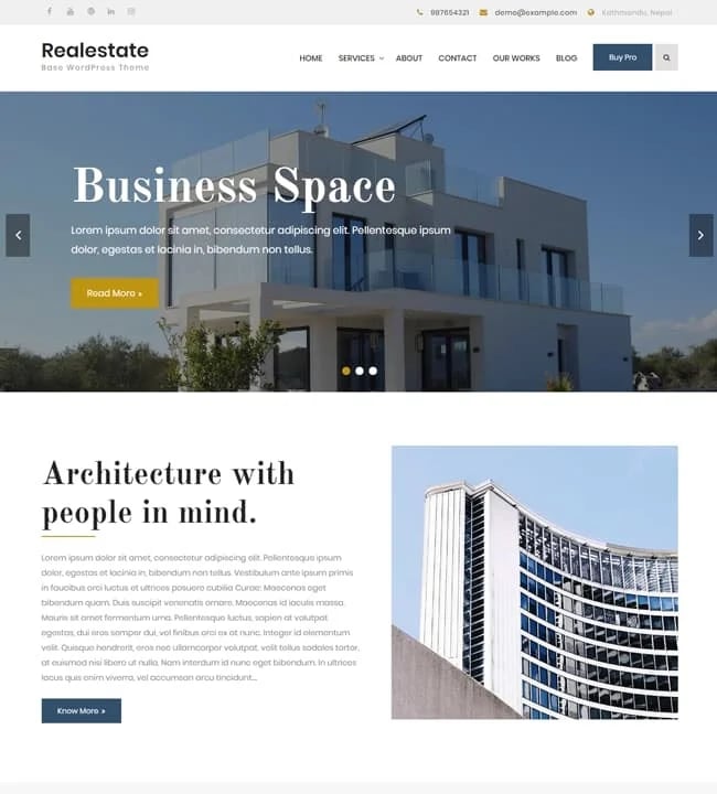Real estate base theme for wordpress featuring a building on the front page of the website