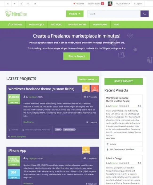 HireBee WordPress Theme Homepage with purple and green layout