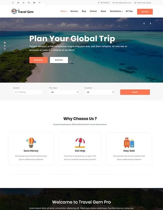 Travel Gem wordpress theme with beaches and vacation destinations on the website home page