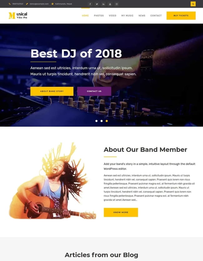 Musical vibe wordpress theme with a purple background and a DJ on the website homepage