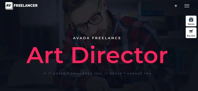 Avada Freelance WordPress theme featuring a dimmed image of an art director