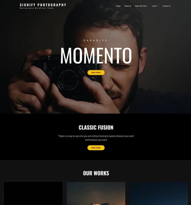 Serenity Photography theme for wordpress with a photographer on the front page behind the words momento