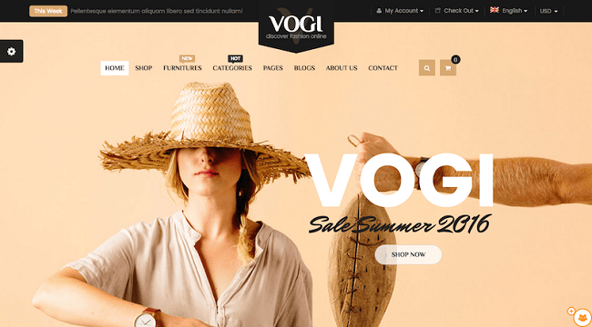 vogi wordpress theme with a woman in a hat in front of a nude colored background