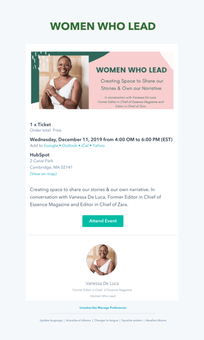 event invitation email: woman who lead example
