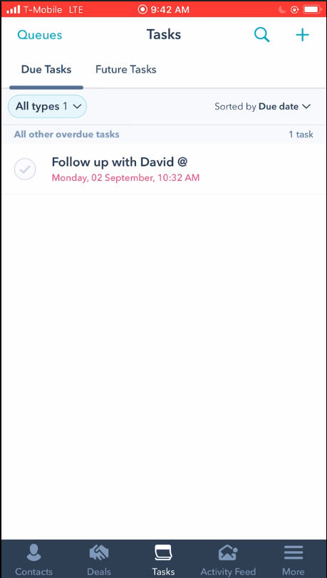 A screenshot illustrating the point made above using "Follow up with David" as an example