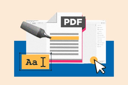 edit pdf: image shows a PDF with a pen and text editor adjacent to it 