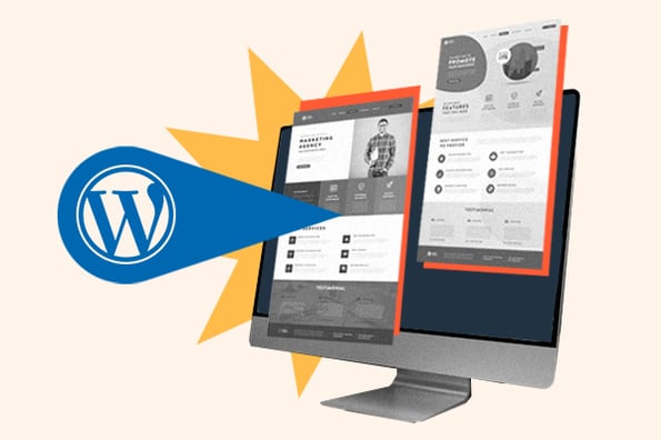 one page wordpress theme: image shows a computer with a wordpress icon popping off the screen 