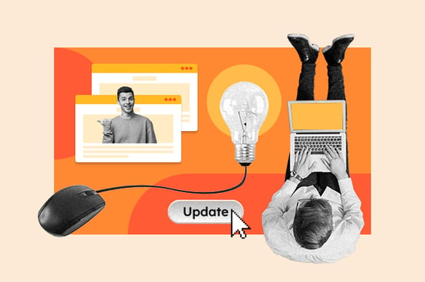 updating blogging content: image shows a person on their laptop with a mouse and a lightbulb nearby 