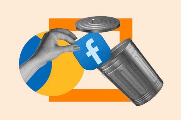 delete facebook: image shows someone tossing a facebook icon into a trash can 