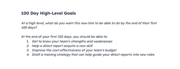 example of high level goals to meet during first 30-60-90 days for new executives
