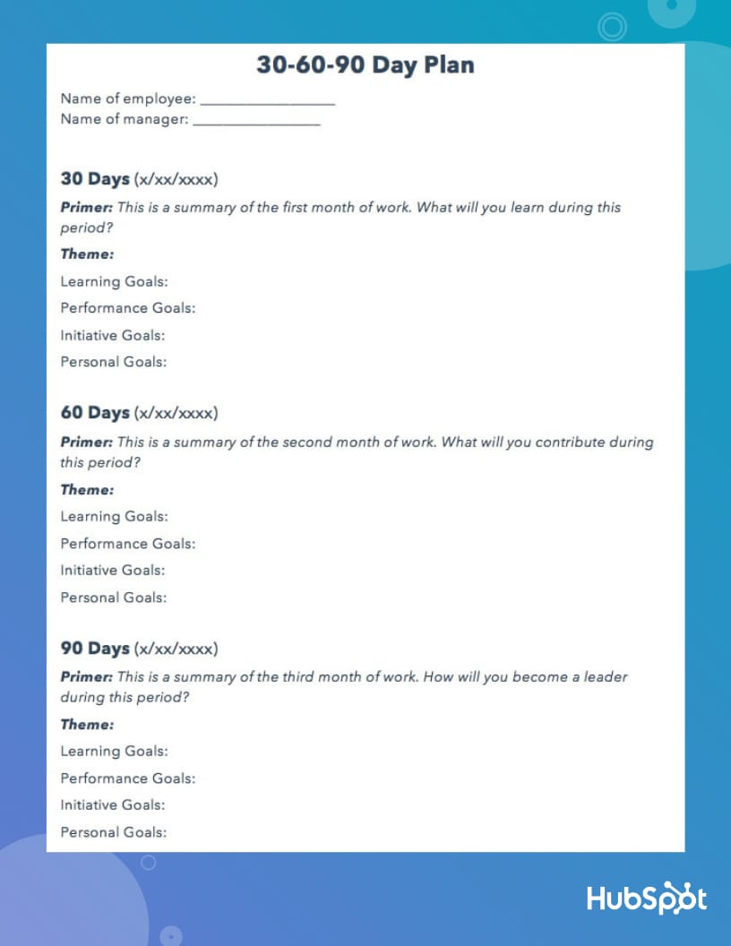 30-60-90 day plan template by HubSpot