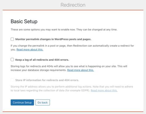 the basic setup menu in the redirection plugin  for adding 301 redirects in wordpress