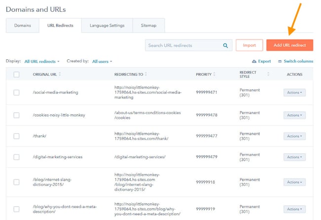 the domains and urls menu for adding a 301 redirect in hubspot