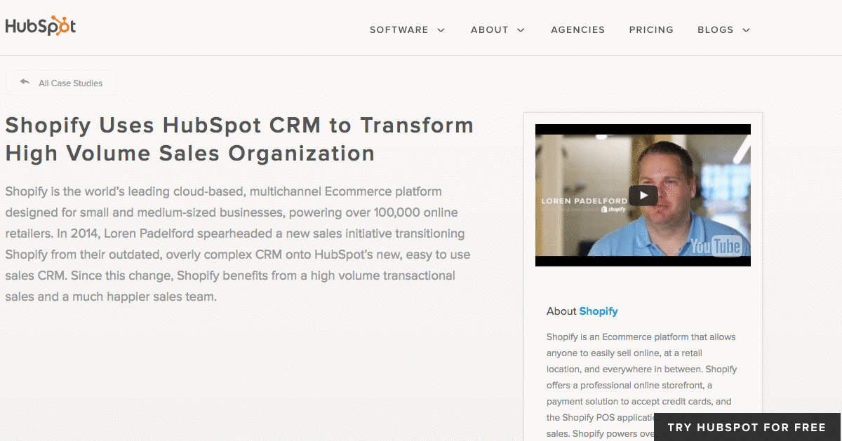 Case study example on Shopify, by HubSpot