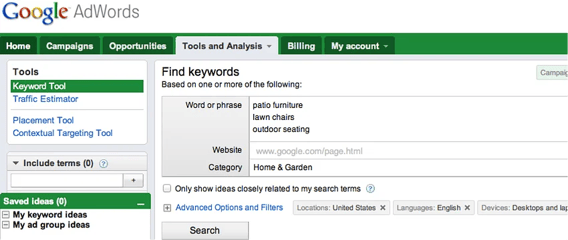 Google adwords keywords tool