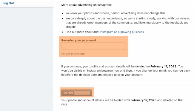 How to delete Instagram example: Password