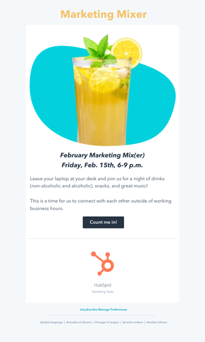 event invitation email: marketing mixer event email example with CTA