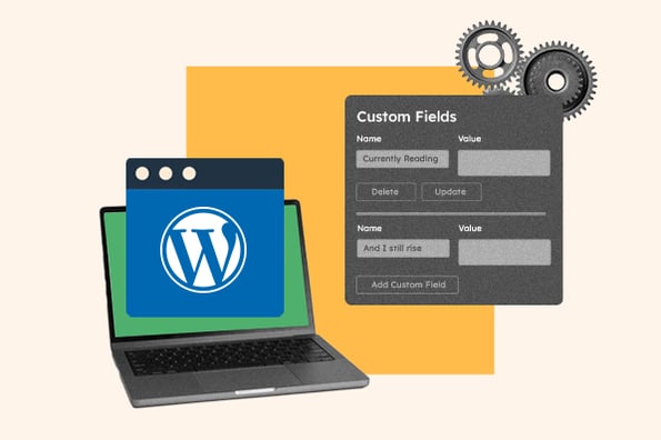sophisticated customized fields wordpress: laptop computer reveals wordpress image and customized fields icon on the side