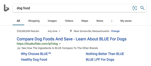 Bing Search with dog food ad matching search keywords