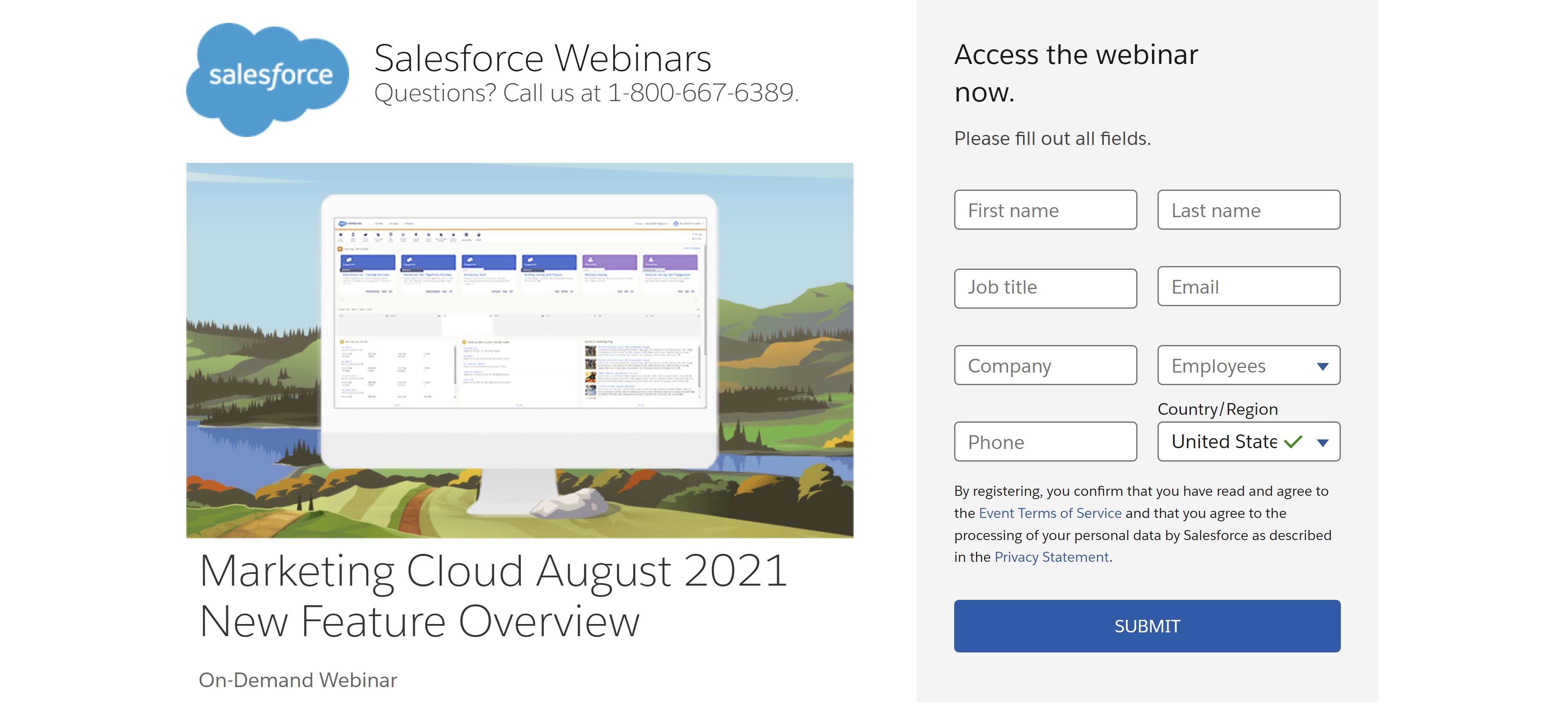 Example landing page for the Salesforce webinar