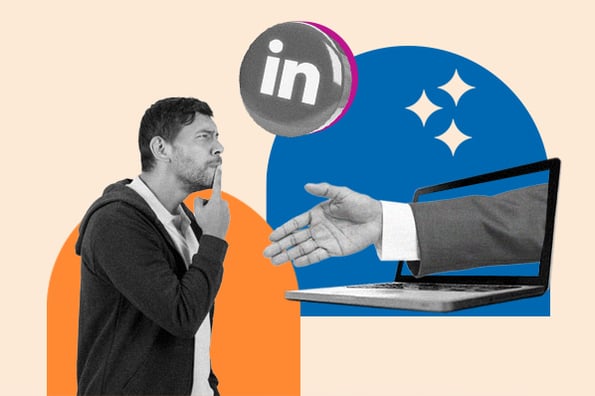 linkedin b2c marketing: image shows as marketer shaking hands with another person and a linkedin button nearby