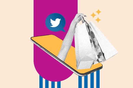 sales people use twitter: image shows a person holding a bag popping out of a phone