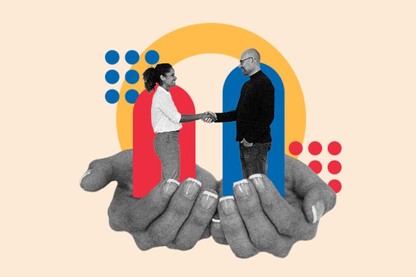 land and expand: image shows two people shaking hands 