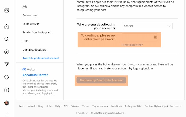 How to deactivate instagram example:password