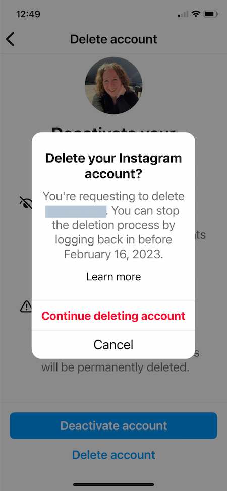 how to delete instagram example: continue to delete account