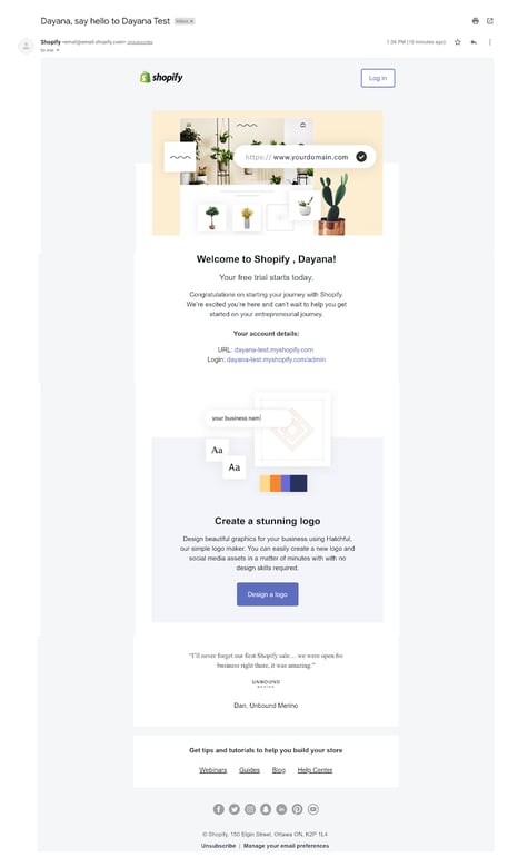 welcome onboarding email example from shopify