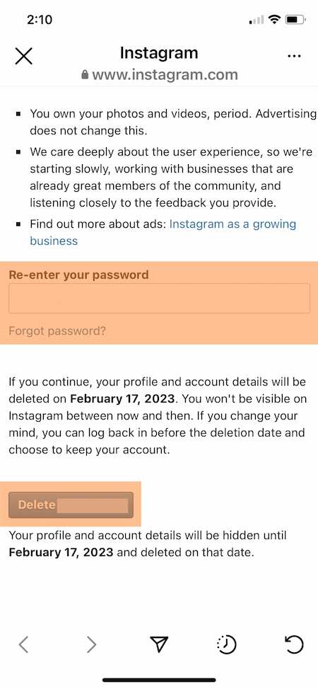 How to delete Instagram example: Password and delete button