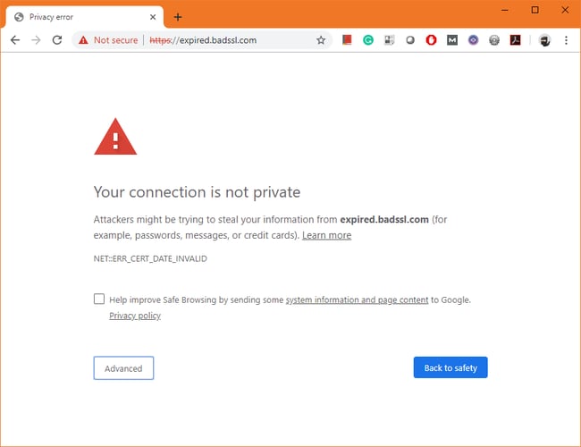 a warning screen in google chrome indicating that a website's SSL certificate is expired