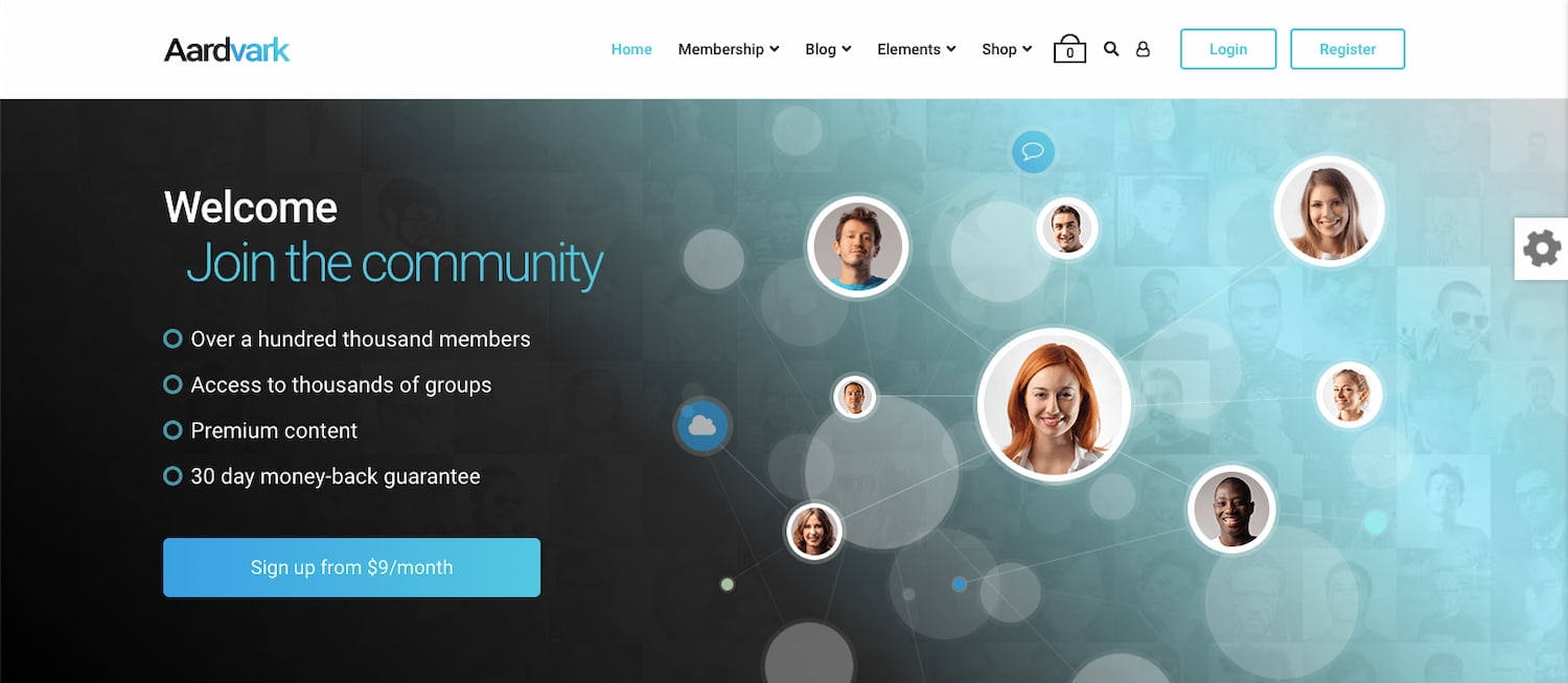 Aardvark theme demo shows BuddyPress community website with monthly membership subscription CTA
