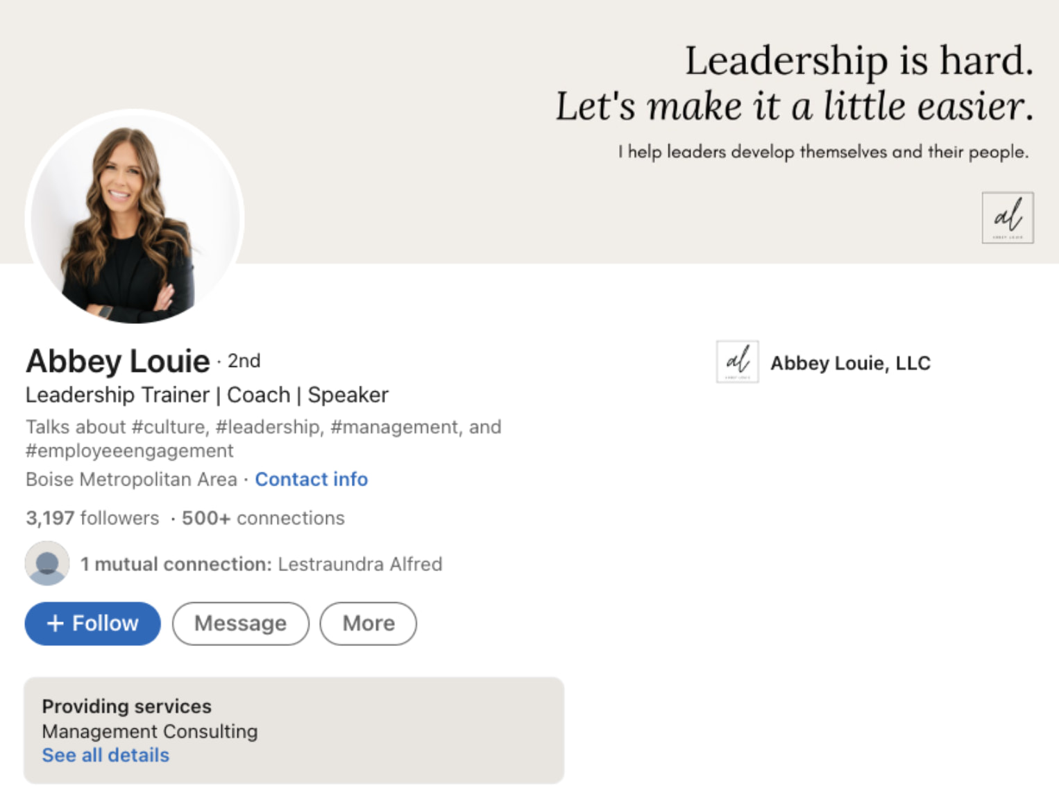 LinkedIn summary example: Abbey Louie