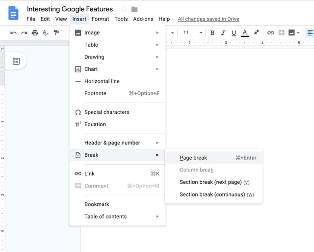 Add a page in Google Docs