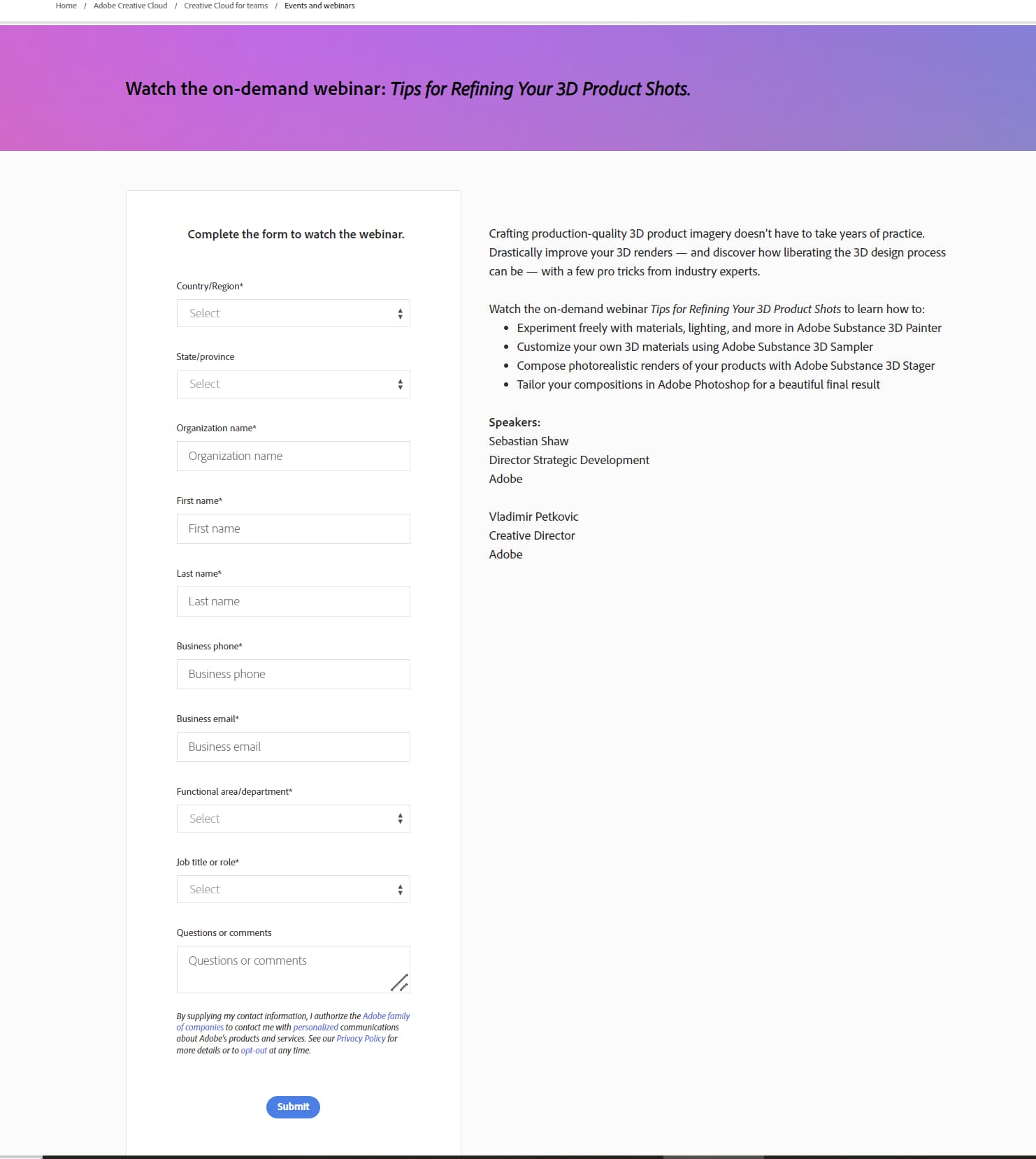 Adobe webinar example landing page example 
