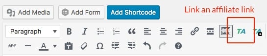 ThirstyAffiliate's Add Affiliate Link button highlighted in the Visual Editor toolbar