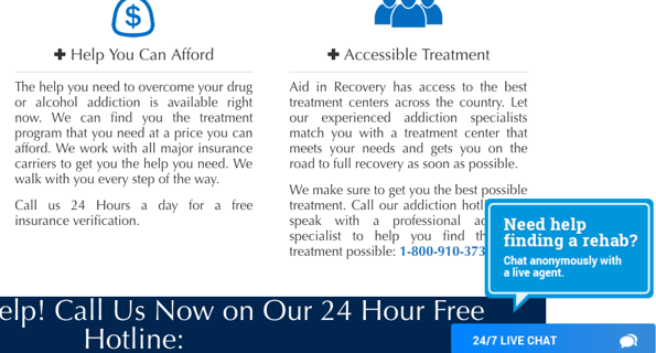 Blue 24/7 live chat window for online counseling on Aid In Recovery website
