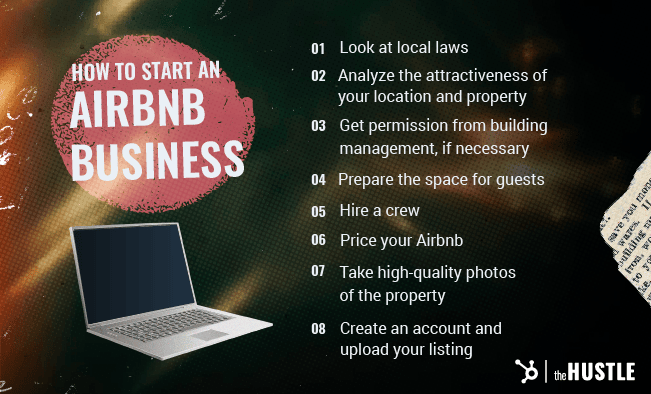 How to start an Airbnb business: Look at local laws. Analyze the attractiveness of your location and property. Get permission from building management, if necessary. Prepare the space for guests. Hire a crew. Price your Airbnb. Take high-quality photos of the property. Create an account and upload your listing.