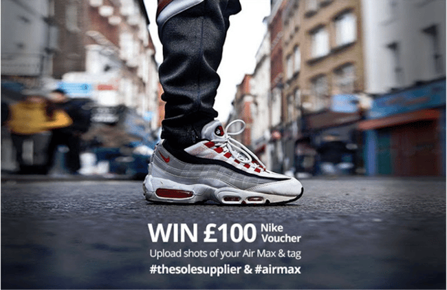 airmax instagram contest photo that explains guidelines: upload shots of your air max and use two hashtags to win a nike voucher for 100 pounds