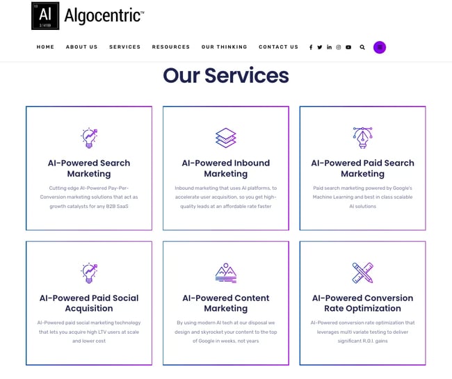 Algocentric Digital Consultancy uses icons to draw attention to its services.