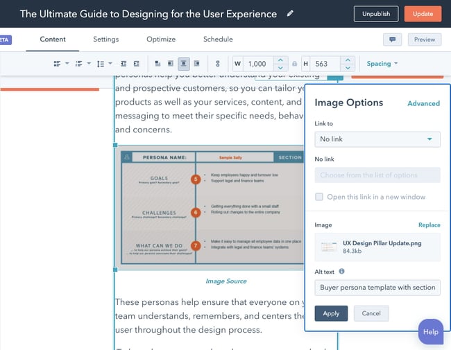 Alt text field within Image Optimization pop-up in CMS Hubs Content Editor