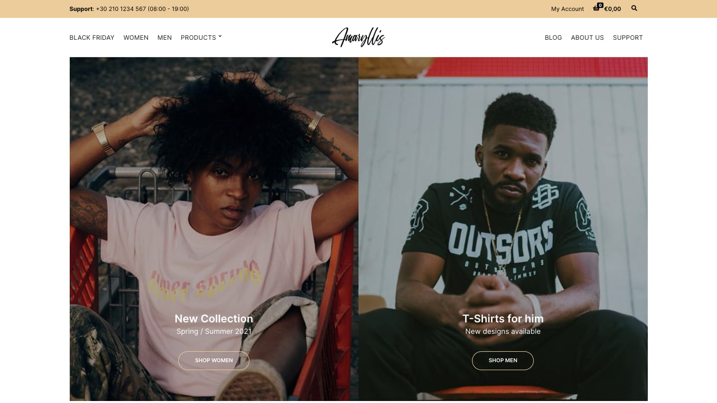 Amaryllis ecommere theme demo shows hero images with CTA buttons to shop women or shop men
