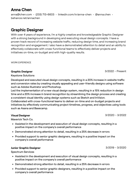 Anna Chen's resume; graphic design resume examples