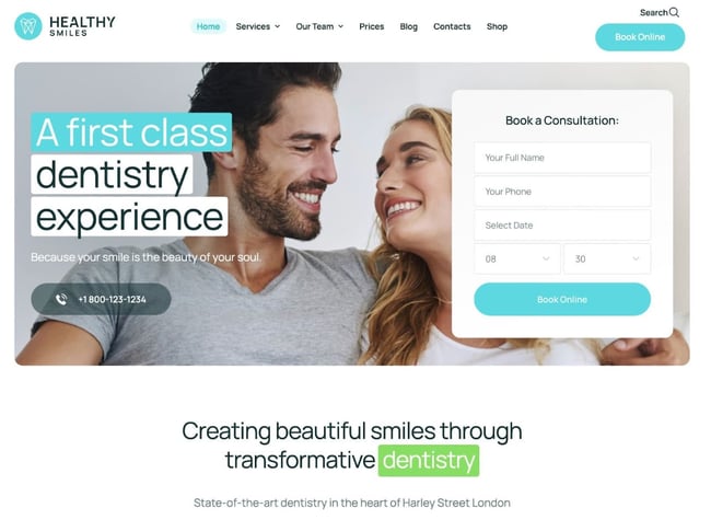 best dentist wordpress theme: healthy smiles homepage 