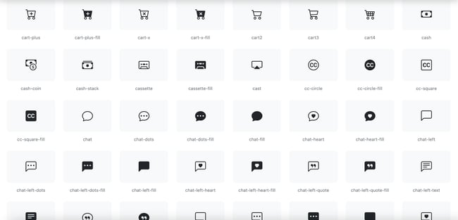 Bootstrap icons library: Image shows a bunch of different bootstrap icons such as cash, cart, chat. 