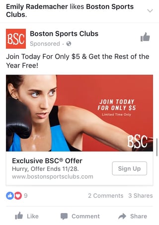 Anúncio de oferta do Facebook por Boston Sports Clubs
