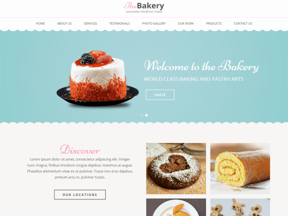 restaurant wordpress themes: Bakes and Cakes demo features CTA to view locations